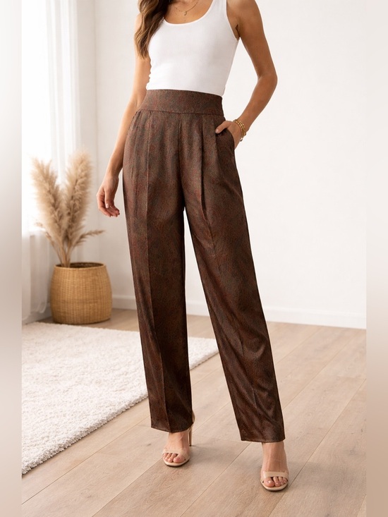 Perry Ellis Pants - Perry Ellis Vintage Brown Paisley High Waisted Ladies Cropped Silk Trousers